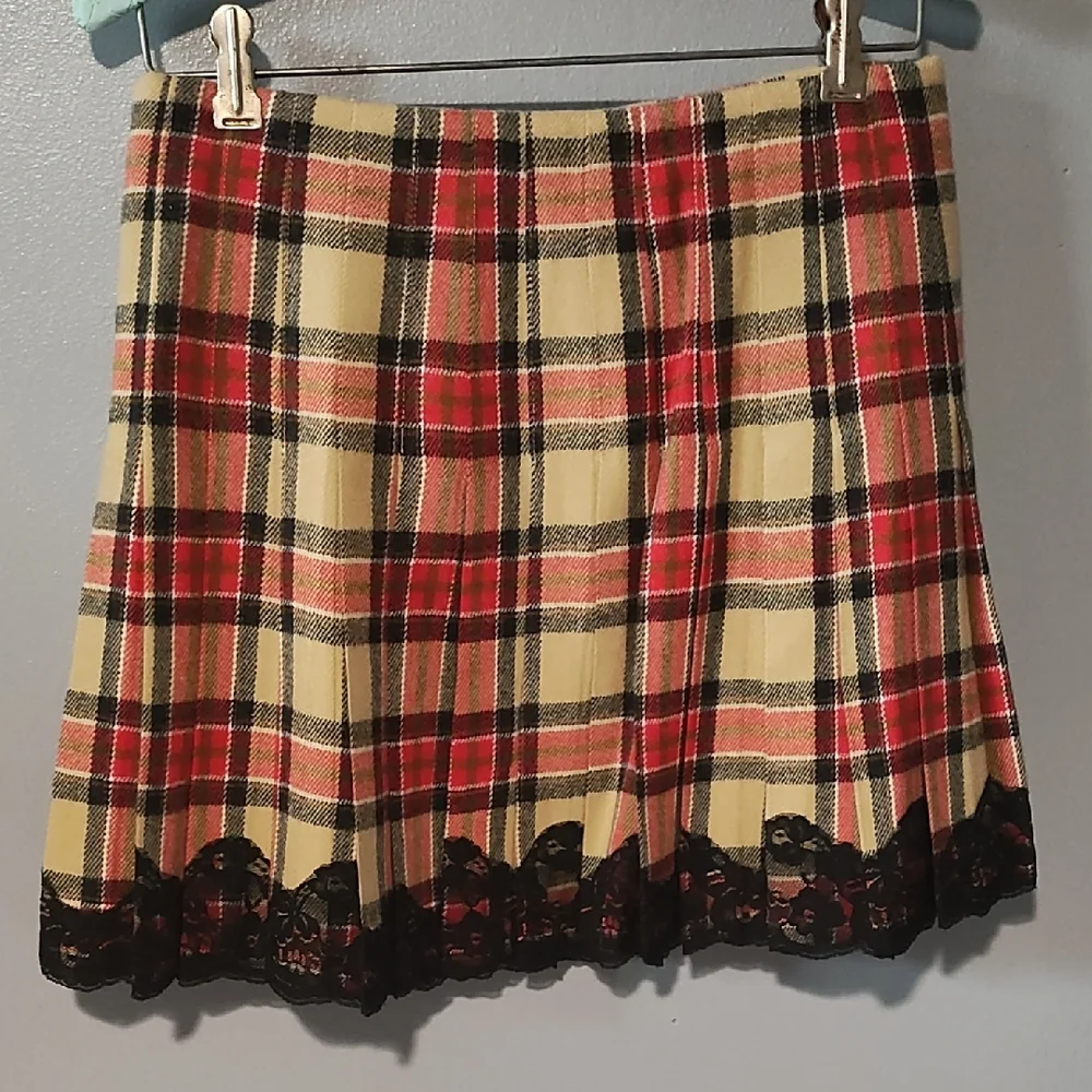 Moda International Red , Tan ,Black And White Pleated Plaid Mini Skirt